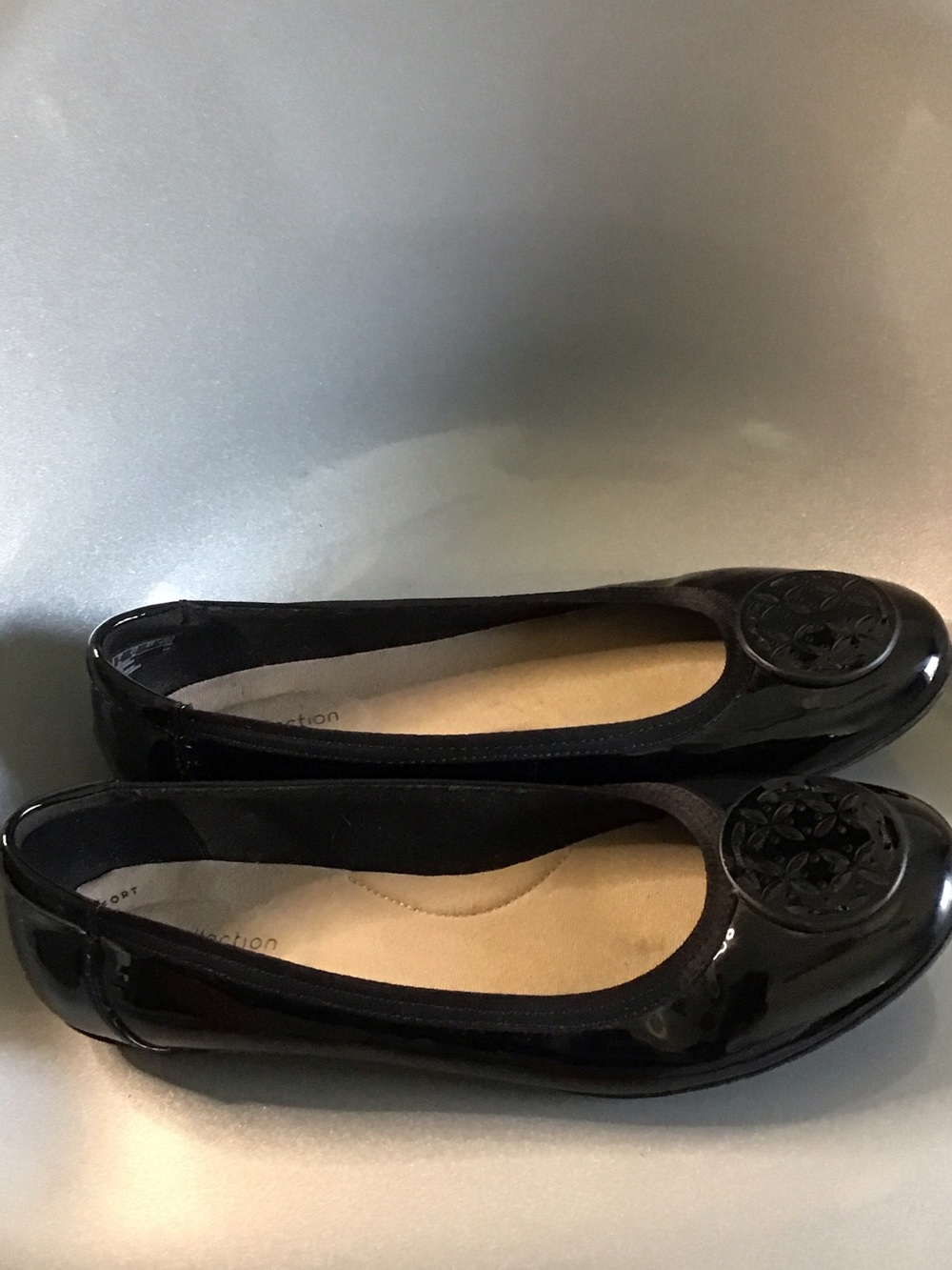 Clarks Black Patent Round-Toe Ballet Flats with Decorative Medallion - Picture 7 of 8